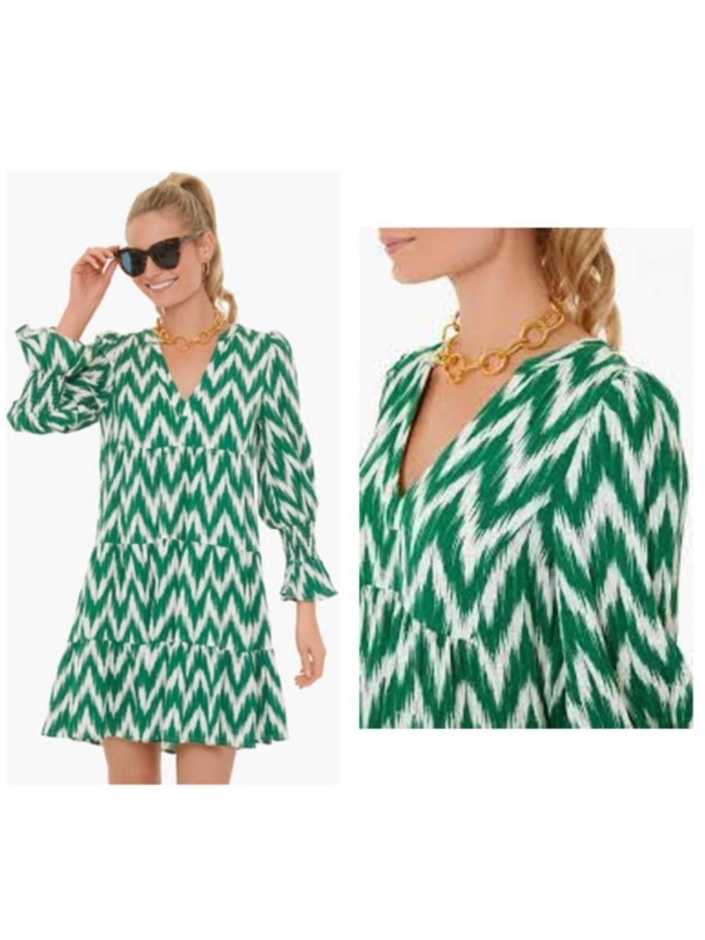 Pomander Place Tuckernuck Green White Ikat Zig Zag Print Tiered Dress Size M - Picture 2 of 14